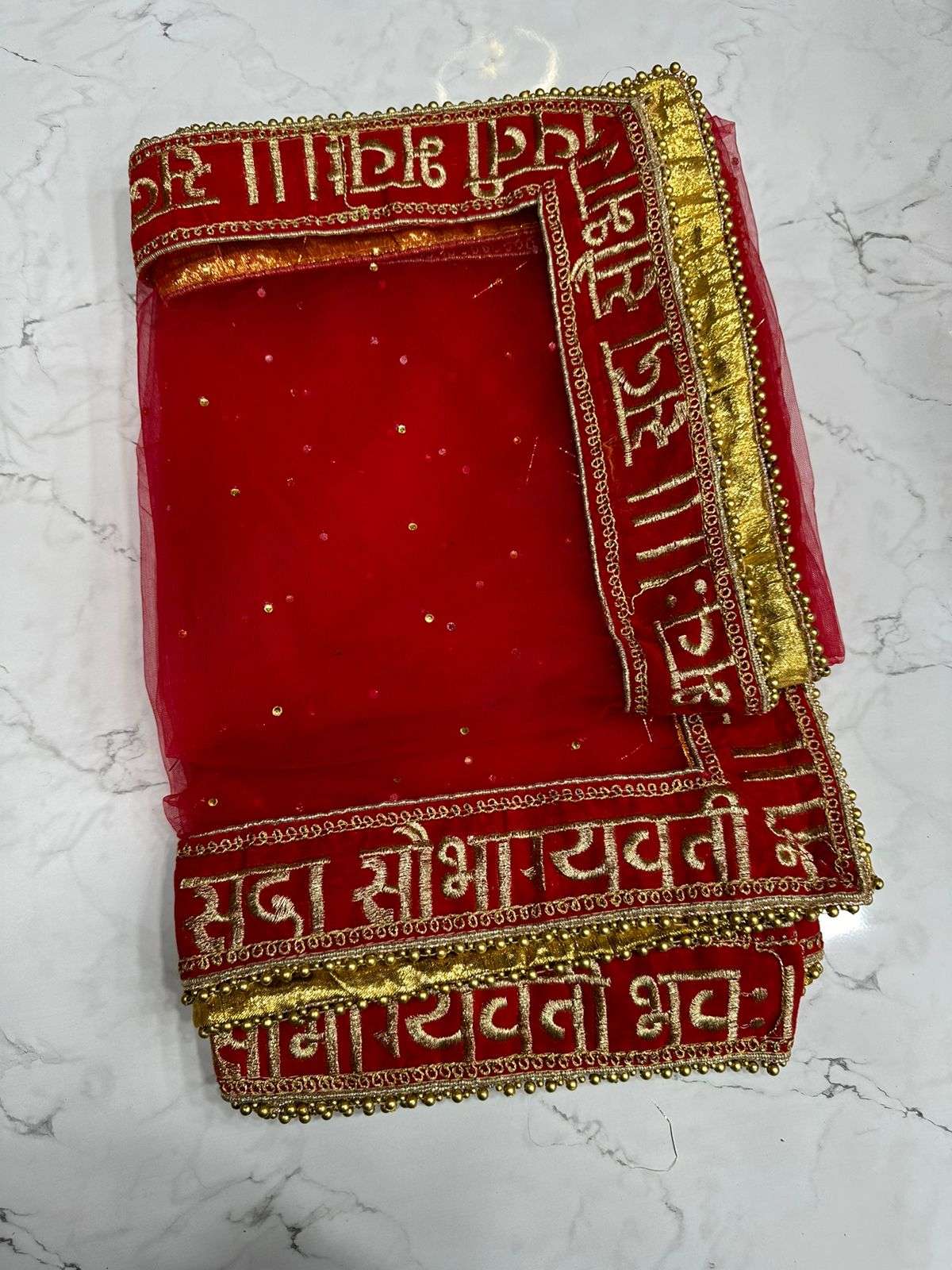 Bridal special Sobhagyavati Bhav Shlok Velvet Border Net fabrics Red color designer Dupatta collection (5)